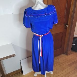 Womens Silk Studio Blue Silk Short Sleeve Dress with Red/white/blue trim Size 12